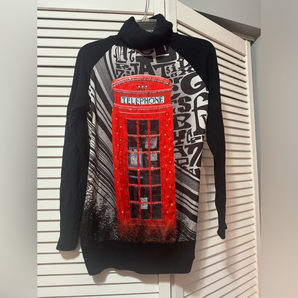 Milano Paparazzi Women's Long Sleeve Black Telephone Print Top Size L